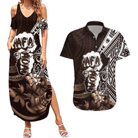Hafa Adai Guam Discovery Day Couples Matching Summer Maxi Dress and Hawaiian Shirt Chamorro Latte Stone Hand Brown Version
