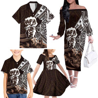 Hafa Adai Guam Discovery Day Family Matching Off The Shoulder Long Sleeve Dress and Hawaiian Shirt Chamorro Latte Stone Hand Brown Version LT14 - Polynesian Pride
