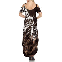 Hafa Adai Guam Discovery Day Family Matching Summer Maxi Dress and Hawaiian Shirt Chamorro Latte Stone Hand Brown Version