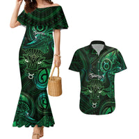 Personalised Polynesia Zodiac Taurus Couples Matching Mermaid Dress and Hawaiian Shirt Galaxy Polynesian Pattern Chest Tattoo Style