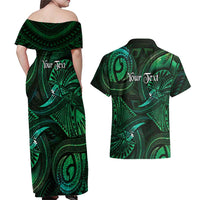 Personalised Polynesia Zodiac Taurus Couples Matching Off Shoulder Maxi Dress and Hawaiian Shirt Galaxy Polynesian Pattern Chest Tattoo Style