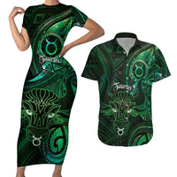 Personalised Polynesia Zodiac Taurus Couples Matching Short Sleeve Bodycon Dress and Hawaiian Shirt Galaxy Polynesian Pattern Chest Tattoo Style