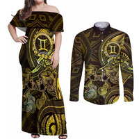 Personalised Polynesia Zodiac Gemini Couples Matching Off Shoulder Maxi Dress and Long Sleeve Button Shirt Galaxy Polynesian Pattern Chest Tattoo Style