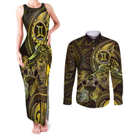 Personalised Polynesia Zodiac Gemini Couples Matching Tank Maxi Dress and Long Sleeve Button Shirt Galaxy Polynesian Pattern Chest Tattoo Style