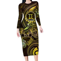 Personalised Polynesia Zodiac Gemini Family Matching Long Sleeve Bodycon Dress and Hawaiian Shirt Galaxy Polynesian Pattern Chest Tattoo Style