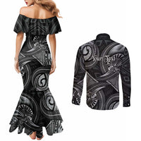 Personalised Polynesia Zodiac Cancer Couples Matching Mermaid Dress and Long Sleeve Button Shirt Galaxy Polynesian Pattern Chest Tattoo Style