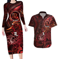 Personalised Polynesia Zodiac Scorpio Couples Matching Long Sleeve Bodycon Dress and Hawaiian Shirt Galaxy Polynesian Pattern Chest Tattoo Style