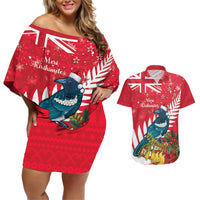 New Zealand Christmas In July Couples Matching Off Shoulder Short Dress and Hawaiian Shirt Tui Bird With Kowhai Meri Kirihimete