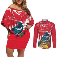 New Zealand Christmas In July Couples Matching Off Shoulder Short Dress and Long Sleeve Button Shirt Tui Bird With Kowhai Meri Kirihimete LT14 Red - Polynesian Pride
