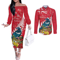 New Zealand Christmas In July Couples Matching Off The Shoulder Long Sleeve Dress and Long Sleeve Button Shirt Tui Bird With Kowhai Meri Kirihimete