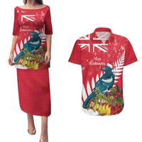 New Zealand Christmas In July Couples Matching Puletasi and Hawaiian Shirt Tui Bird With Kowhai Meri Kirihimete LT14 Red - Polynesian Pride