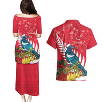 New Zealand Christmas In July Couples Matching Puletasi and Hawaiian Shirt Tui Bird With Kowhai Meri Kirihimete LT14 - Polynesian Pride