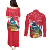 New Zealand Christmas In July Couples Matching Puletasi and Long Sleeve Button Shirt Tui Bird With Kowhai Meri Kirihimete LT14 - Polynesian Pride