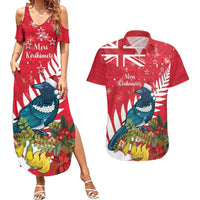 New Zealand Christmas In July Couples Matching Summer Maxi Dress and Hawaiian Shirt Tui Bird With Kowhai Meri Kirihimete LT14 Red - Polynesian Pride