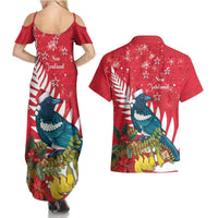 New Zealand Christmas In July Couples Matching Summer Maxi Dress and Hawaiian Shirt Tui Bird With Kowhai Meri Kirihimete LT14 - Polynesian Pride