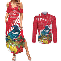New Zealand Christmas In July Couples Matching Summer Maxi Dress and Long Sleeve Button Shirt Tui Bird With Kowhai Meri Kirihimete LT14 Red - Polynesian Pride