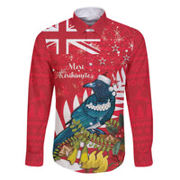 New Zealand Christmas In July Family Matching Mermaid Dress and Hawaiian Shirt Tui Bird With Kowhai Meri Kirihimete LT14 Dad's Shirt - Long Sleeve Red - Polynesian Pride