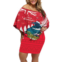New Zealand Christmas In July Off Shoulder Short Dress Tui Bird With Kowhai Meri Kirihimete LT14 Women Red - Polynesian Pride