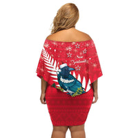 New Zealand Christmas In July Off Shoulder Short Dress Tui Bird With Kowhai Meri Kirihimete LT14 - Polynesian Pride