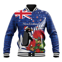 New Zealand Christmas In July Baseball Jacket Fiordland Penguin With Pohutukawa Flower LT14 Unisex Blue - Polynesian Pride