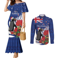 New Zealand Christmas In July Couples Matching Mermaid Dress and Long Sleeve Button Shirt Fiordland Penguin With Pohutukawa Flower LT14 Blue - Polynesian Pride