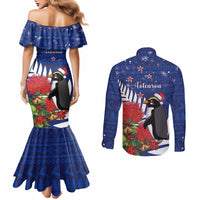 New Zealand Christmas In July Couples Matching Mermaid Dress and Long Sleeve Button Shirt Fiordland Penguin With Pohutukawa Flower LT14 - Polynesian Pride