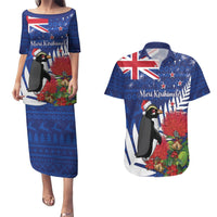 New Zealand Christmas In July Couples Matching Puletasi and Hawaiian Shirt Fiordland Penguin With Pohutukawa Flower LT14 Blue - Polynesian Pride