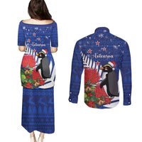 New Zealand Christmas In July Couples Matching Puletasi and Long Sleeve Button Shirt Fiordland Penguin With Pohutukawa Flower LT14 - Polynesian Pride