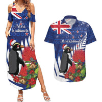 New Zealand Christmas In July Couples Matching Summer Maxi Dress and Hawaiian Shirt Fiordland Penguin With Pohutukawa Flower LT14 Blue - Polynesian Pride