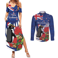 New Zealand Christmas In July Couples Matching Summer Maxi Dress and Long Sleeve Button Shirt Fiordland Penguin With Pohutukawa Flower LT14 Blue - Polynesian Pride