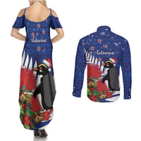 New Zealand Christmas In July Couples Matching Summer Maxi Dress and Long Sleeve Button Shirt Fiordland Penguin With Pohutukawa Flower LT14 - Polynesian Pride