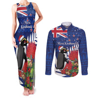 New Zealand Christmas In July Couples Matching Tank Maxi Dress and Long Sleeve Button Shirt Fiordland Penguin With Pohutukawa Flower