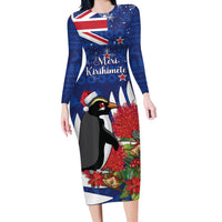 New Zealand Christmas In July Long Sleeve Bodycon Dress Fiordland Penguin With Pohutukawa Flower LT14 Long Dress Blue - Polynesian Pride