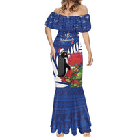 New Zealand Christmas In July Mermaid Dress Fiordland Penguin With Pohutukawa Flower LT14 - Polynesian Pride