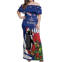 New Zealand Christmas In July Off Shoulder Maxi Dress Fiordland Penguin With Pohutukawa Flower LT14 Women Blue - Polynesian Pride