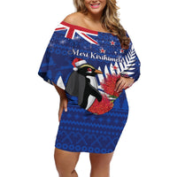 New Zealand Christmas In July Off Shoulder Short Dress Fiordland Penguin With Pohutukawa Flower LT14 Women Blue - Polynesian Pride