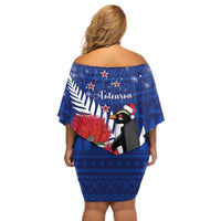 New Zealand Christmas In July Off Shoulder Short Dress Fiordland Penguin With Pohutukawa Flower LT14 - Polynesian Pride