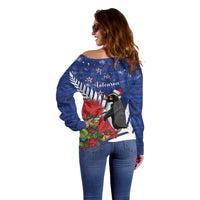 New Zealand Christmas In July Off Shoulder Sweater Fiordland Penguin With Pohutukawa Flower LT14 - Polynesian Pride