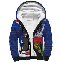 New Zealand Christmas In July Sherpa Hoodie Fiordland Penguin With Pohutukawa Flower LT14 Unisex Blue - Polynesian Pride