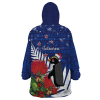 New Zealand Christmas In July Wearable Blanket Hoodie Fiordland Penguin With Pohutukawa Flower LT14 - Polynesian Pride