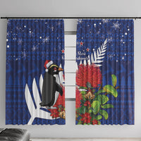New Zealand Christmas In July Window Curtain Fiordland Penguin With Pohutukawa Flower LT14 With Hooks Blue - Polynesian Pride