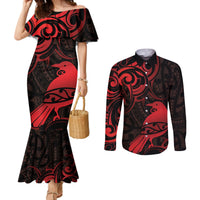 New Zealand Tui Bird Couples Matching Mermaid Dress and Long Sleeve Button Shirt Aotearoa Maori Pattern - Red