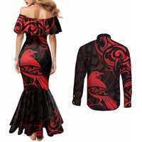 New Zealand Tui Bird Couples Matching Mermaid Dress and Long Sleeve Button Shirt Aotearoa Maori Pattern - Red