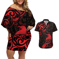 New Zealand Tui Bird Couples Matching Off Shoulder Short Dress and Hawaiian Shirt Aotearoa Maori Pattern - Red LT14 Red - Polynesian Pride