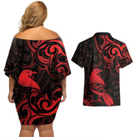 New Zealand Tui Bird Couples Matching Off Shoulder Short Dress and Hawaiian Shirt Aotearoa Maori Pattern - Red LT14 - Polynesian Pride