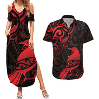 New Zealand Tui Bird Couples Matching Summer Maxi Dress and Hawaiian Shirt Aotearoa Maori Pattern - Red LT14 Red - Polynesian Pride