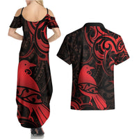 New Zealand Tui Bird Couples Matching Summer Maxi Dress and Hawaiian Shirt Aotearoa Maori Pattern - Red LT14 - Polynesian Pride