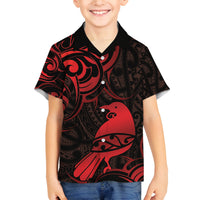 New Zealand Tui Bird Family Matching Summer Maxi Dress and Hawaiian Shirt Aotearoa Maori Pattern - Red