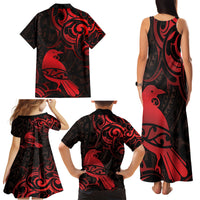 New Zealand Tui Bird Family Matching Tank Maxi Dress and Hawaiian Shirt Aotearoa Maori Pattern - Red