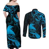 New Zealand Tui Bird Couples Matching Off Shoulder Maxi Dress and Long Sleeve Button Shirt Aotearoa Maori Pattern - Blue
